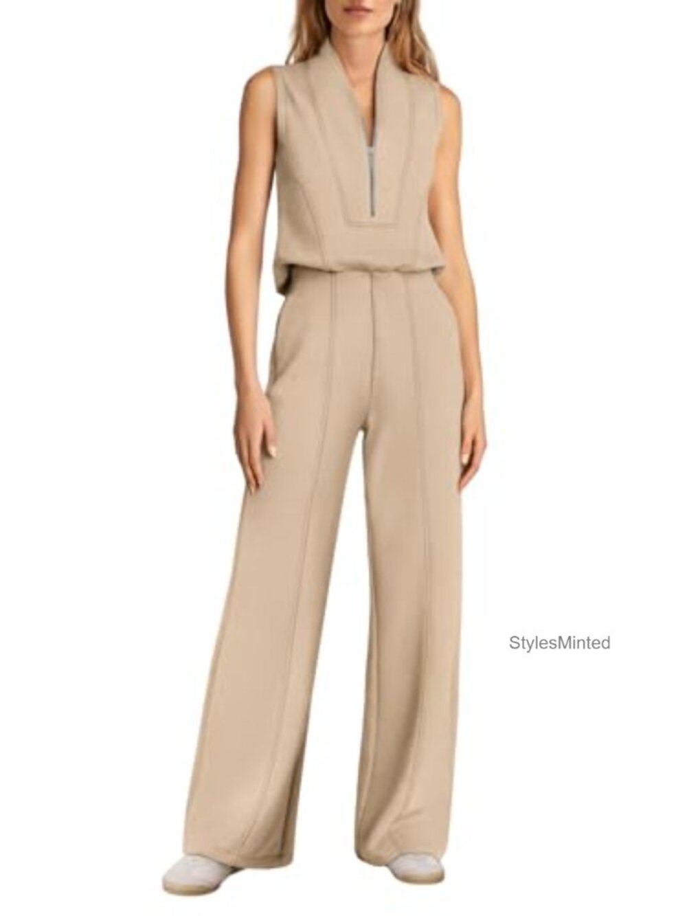Women's Wide Leg Jumpsuit V-Neck Zip Up Back Open Loose Fit Summer